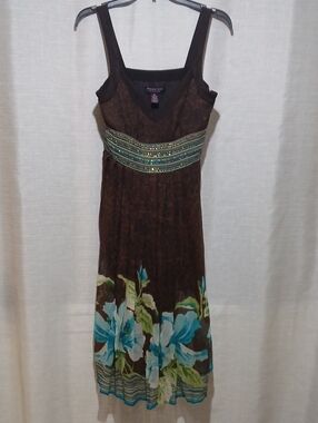 Signature Studio Brown Floral Maxi Dress with Turquoise Accents